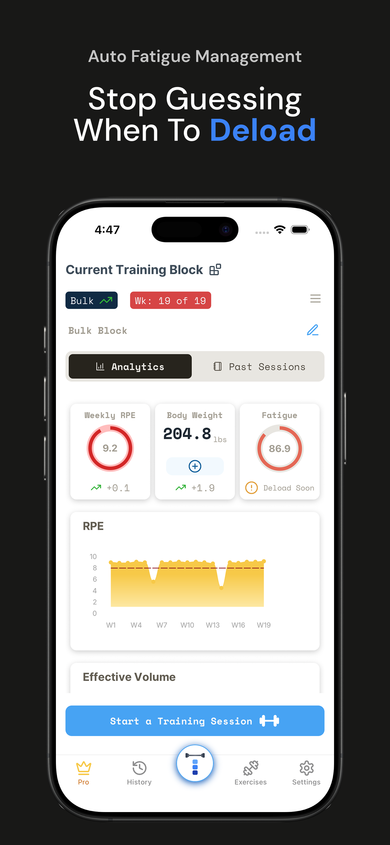 Trayne app screen showing current training block and analytics